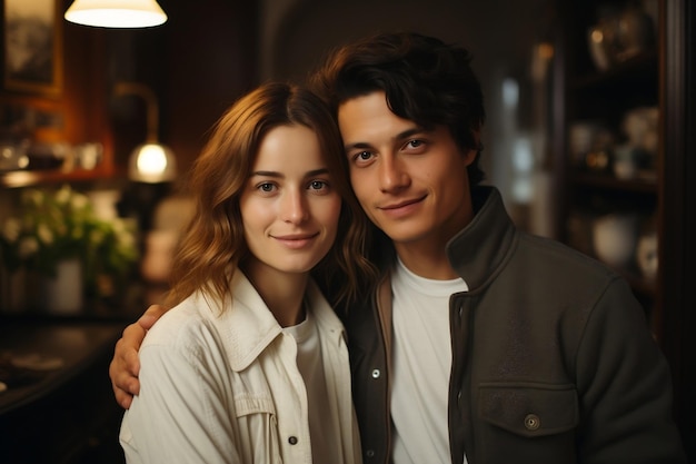 Um casal jovem e elegante com uma IA de camisola.