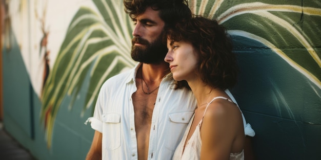 Um casal jovem e elegante sentado contra uma parede em uma paisagem urbana.