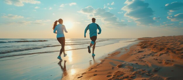 Foto um casal jovem em roupas esportivas correndo na praia de areia de manhã em um dia de verão gerado pela ia