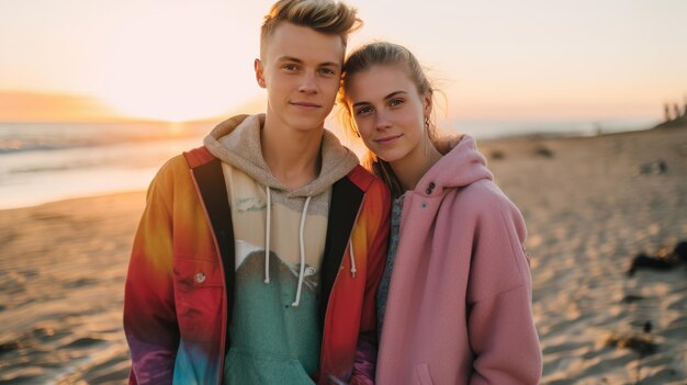 Foto um casal jovem está em uma praia vestindo camisetas com capuz.