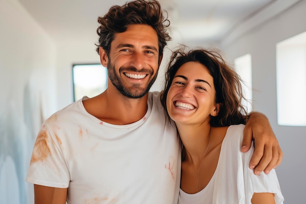 Um casal jovem fazendo trabalhos de renovação em casa Um homem e uma mulher felizes pintam as paredes e decoram sua casa Marido e mulher de pé ao lado da parede e discutindo design de interiores