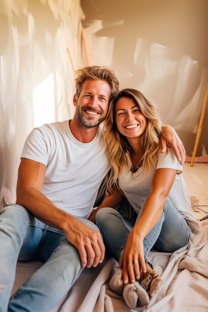 Um casal jovem fazendo trabalhos de renovação em casa Um homem e uma mulher felizes pintam as paredes e decoram sua casa Marido e mulher sentados no chão ao lado da parede e discutindo design de interiores