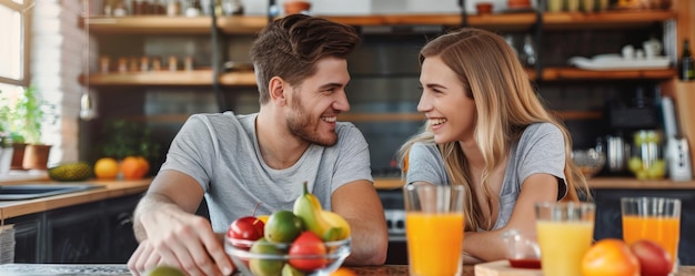 Um casal jovem uma mulher bonita e um homem bonito estão sentados à mesa e sorrindo