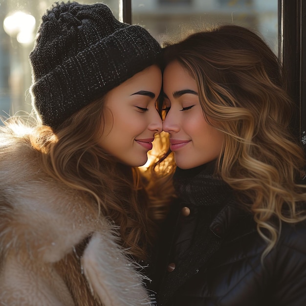 Um casal lésbico dominicano mostrando afeição e amor na rua em um dia de inverno gera IA