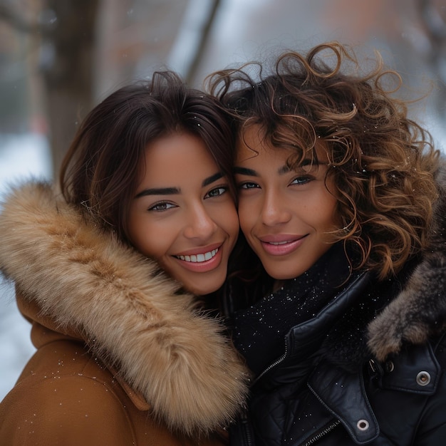 Um casal lésbico dominicano mostrando afeição e amor na rua em um dia de inverno gera IA