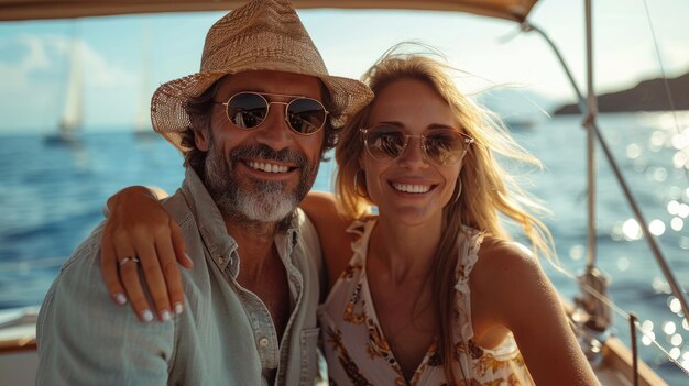 Um casal maduro a desfrutar de uma viagem de barco