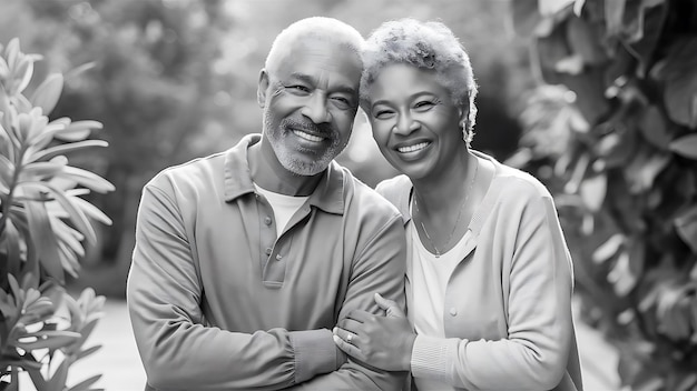 Foto um casal maduro e sorridente posando juntos.