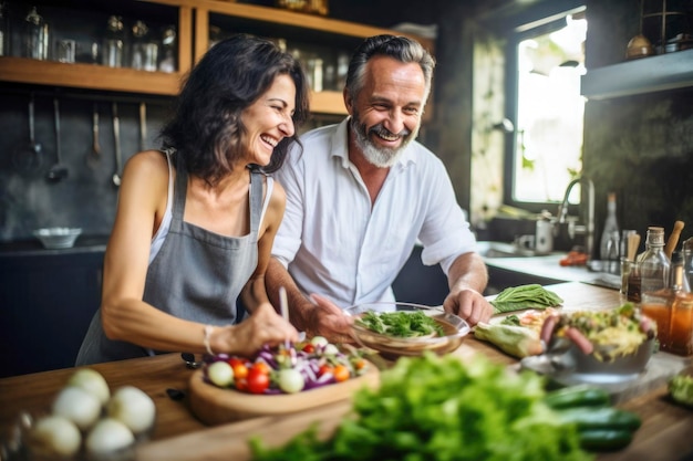 Um casal maduro feliz e a desfrutar da vida em casa, a rir e a aconchegar-se enquanto cozinham.