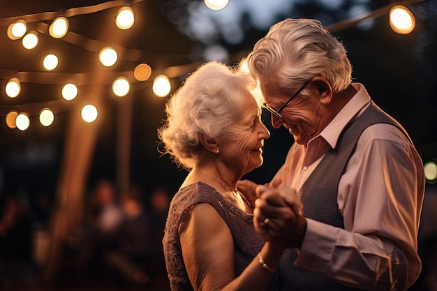 Um casal mais velho dançando sob uma cadeia de luzes