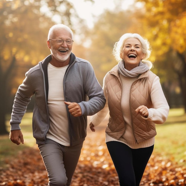 Um casal mais velho está a correr e estão a correr no parque.