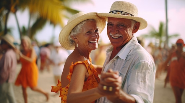 Um casal mais velho feliz dançando na praia ao pôr-do-sol Cuidados de saúde Estilo de vida ao ar livre da família Uma noite romântica de férias Data de aniversário de um casal de idade apaixonado imagem gerada por IA