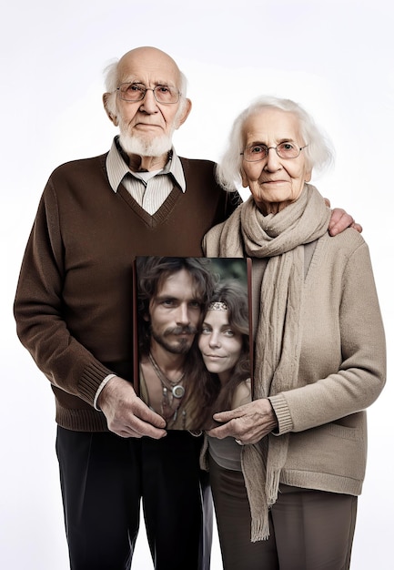 Um casal mais velho segurando uma foto de um homem e uma mulher.