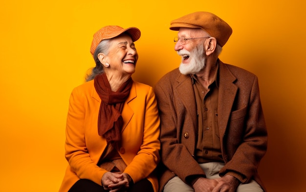 Um casal mais velho senta-se junto e sorri.