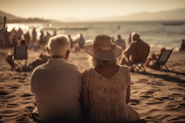Um casal mais velho senta-se na praia assistindo o pôr do sol