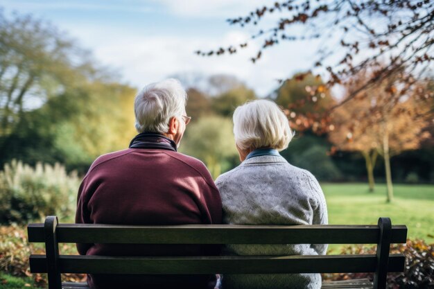 Um casal mais velho sentado em um banco em um parque ai