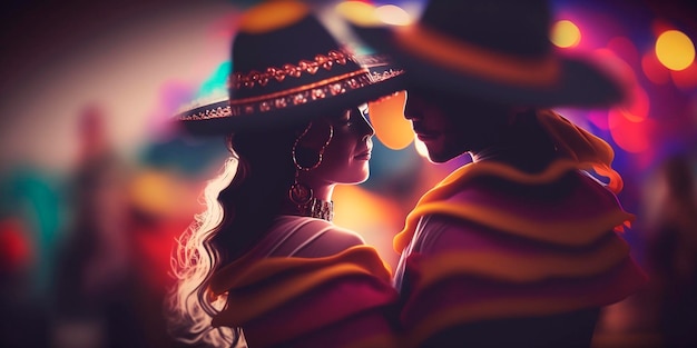 Um casal mexicano dançando em roupas tradicionais com chapéus e Bokeh