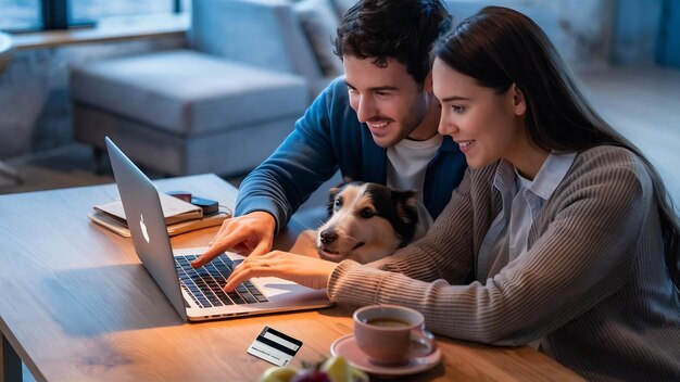 Um casal millennial a fazer compras online a pagar com cartão de crédito no portátil.