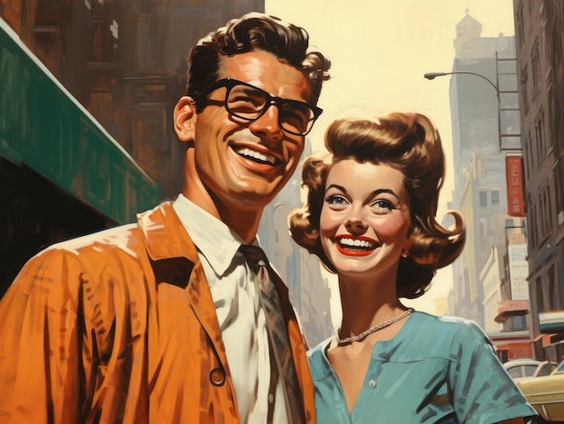 Um casal muito feliz comemorando com a cidade ao fundo ilustração vintage