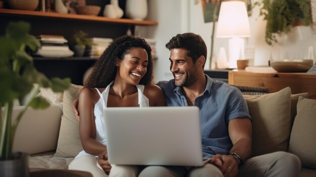 Foto um casal multi-racial feliz está sentado em seu sofá navegando na internet em seu laptop