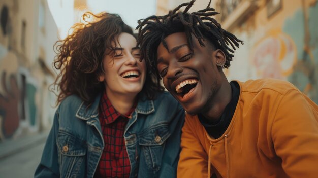 Um casal multicultural com um riso genuíno, um conceito de estilo de vida com amigos multirraciais felizes a divertir-se juntos. Estudantes universitários à moda a desfrutar de uma pausa no campus.