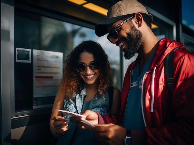 Foto um casal multirracial consulta os cartões de embarque no ponto de ônibus do aeroporto