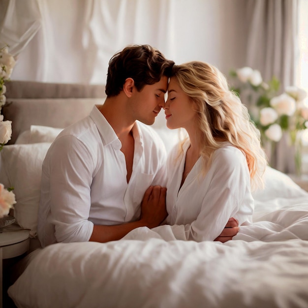 Um casal na cama com as palavras " beijo " na cama.