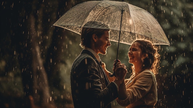 Um casal na chuva com um guarda-chuva