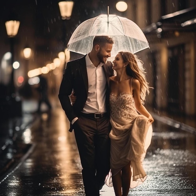 um casal na chuva sob um guarda-chuva