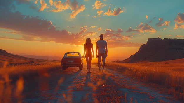 Foto um casal na estrada ao pôr-do-sol no verão estilo vintage arte generativa ai