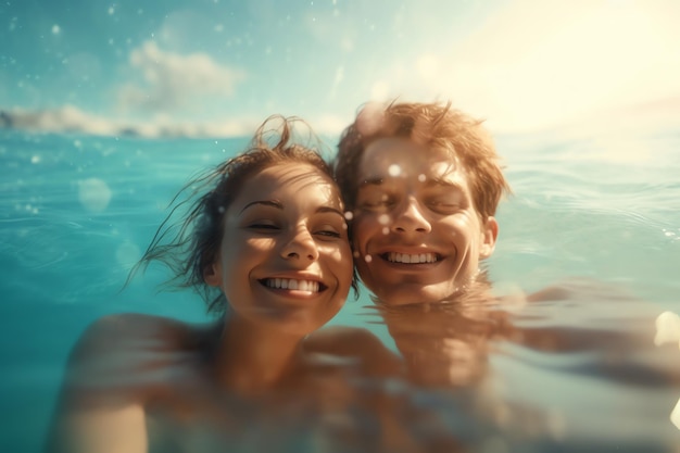 Um casal nada em uma piscina com o sol brilhando em seus rostos.