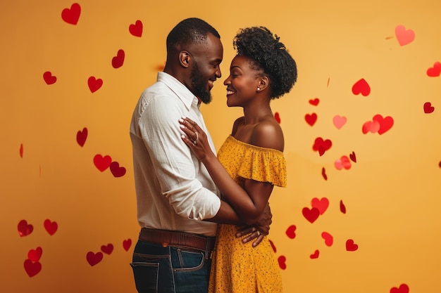 Um casal negro abraçado e sorrindo no Dia dos Namorados