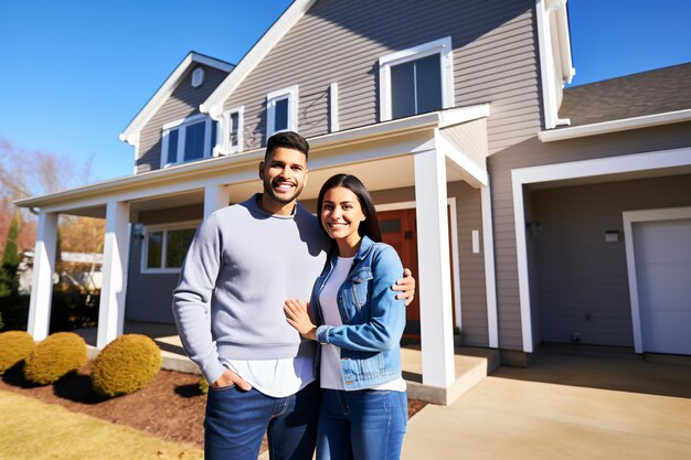 Um casal negro feliz à porta da casa.