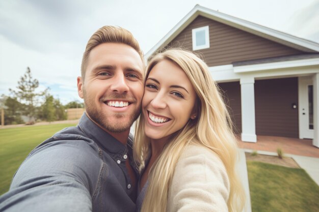 Um casal negro feliz à porta da casa.