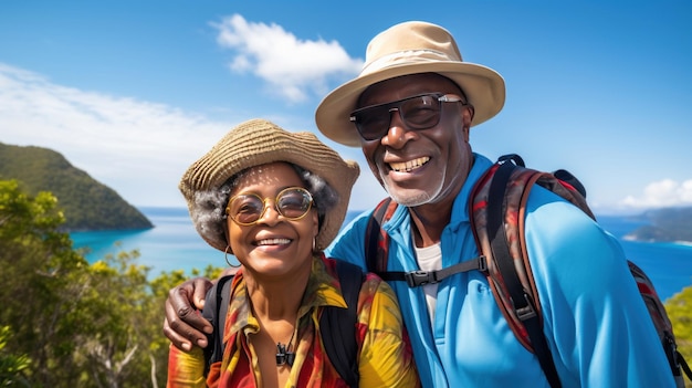 Foto um casal negro idoso e alegre nas montanhas equipado para a sua aventura.