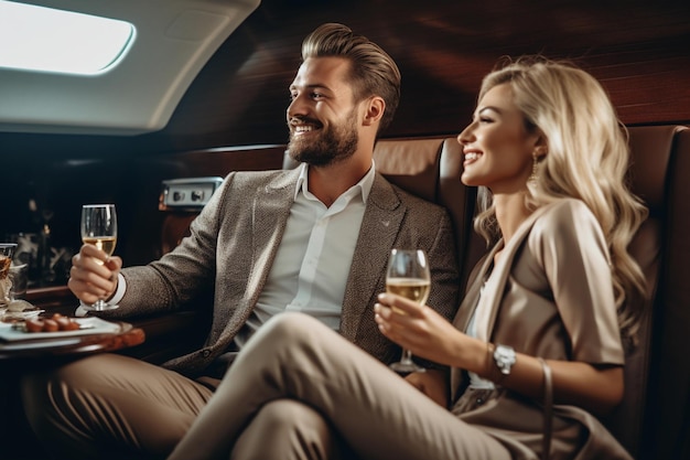 Um casal num avião de luxo e privado a beber champanhe.