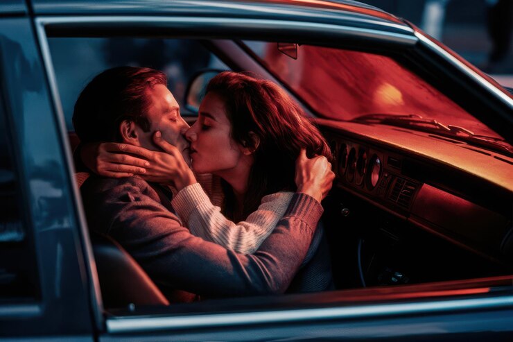 Foto um casal num carro com a data desconhecida.