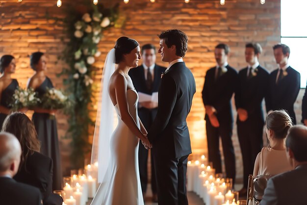 Um casal num casamento romântico.