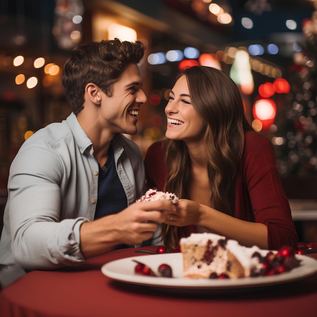 Foto um casal num encontro a comer um bolo de queijo no café.