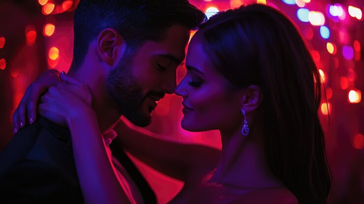 Foto um casal numa sala mal iluminada.