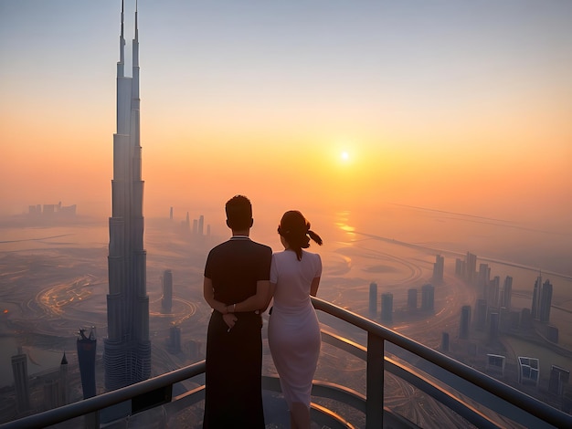 Um casal observando o nascer do sol do topo do Burj Khalifa gerado por ai