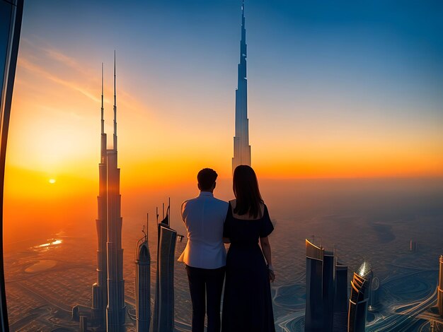 Um casal observando o nascer do sol do topo do Burj Khalifa gerado por ai