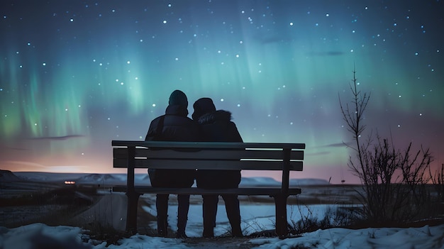 Foto um casal olhando em reverência silenciosa para a hipnotizante aurora austral