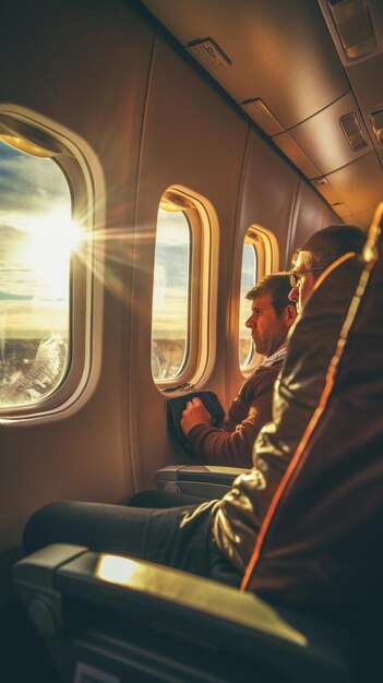 um casal olhando pela janela de um avião com o sol brilhando pela janela