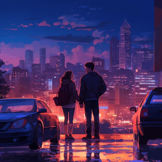 Um casal parado na chuva com o horizonte da cidade ao fundo