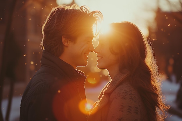 Um casal perto de se beijar ao pôr-do-sol no inverno