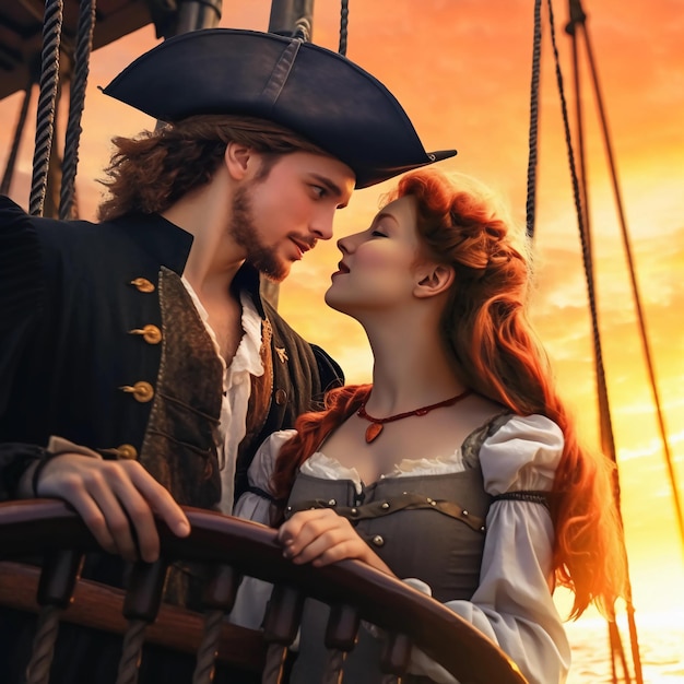 Foto um casal pirata do ano de 1678 apaixonado em um iate moderno no ano de 2023