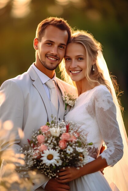 Um casal posando para uma foto com um buquê de flores.