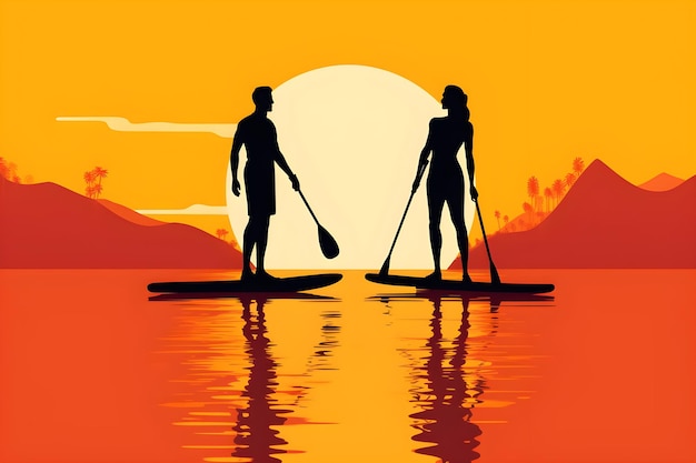 Um casal pratica stand up paddle em frente ao pôr do sol.