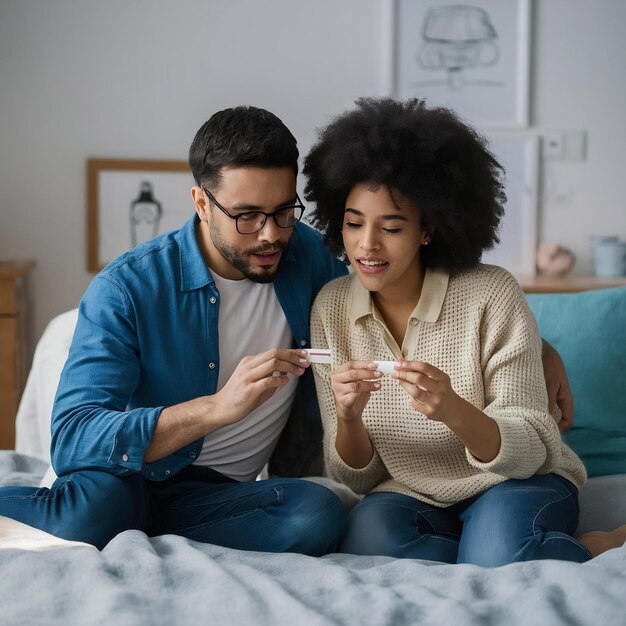 Um casal preocupado descobre os resultados de um teste de gravidez no quarto em casa.