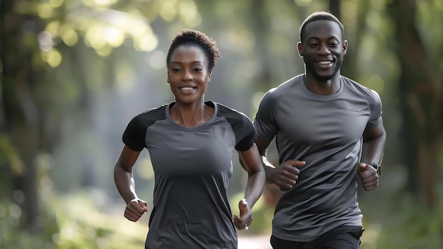 Um casal preto correndo na natureza trabalhando em direção a metas de fitness juntos Conceito de sessão de fotos ao ar livre Motivação de fitness Amor preto Estilo de vida ativo Exercício na natureza